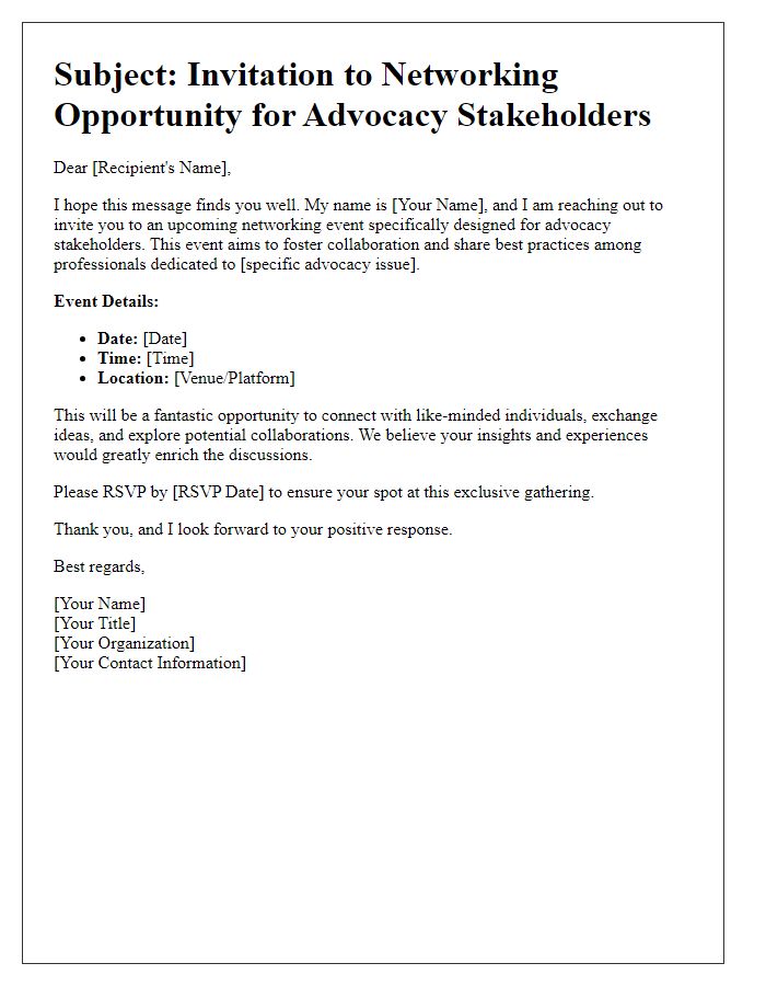 Letter template of networking opportunity for advocacy stakeholders