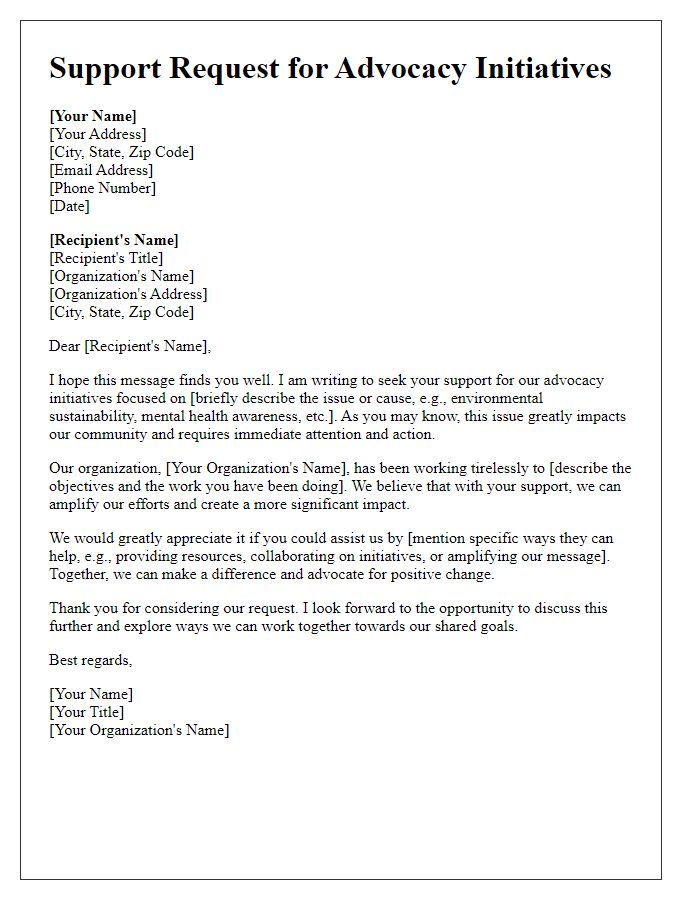 Letter template of support request for advocacy initiatives