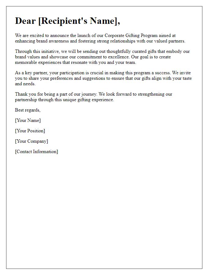 Letter template of corporate gifting program for brand awareness.