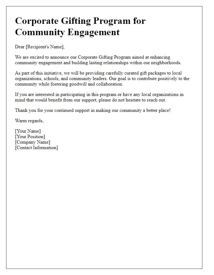 Letter template of corporate gifting program for community engagement.