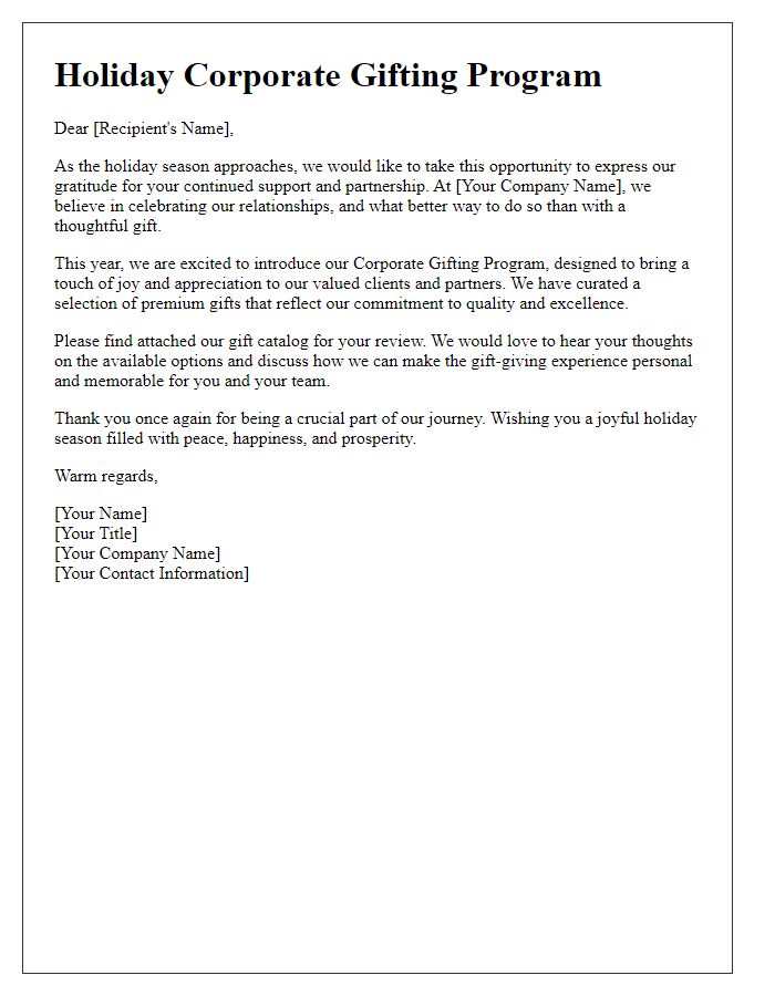 Letter template of corporate gifting program for holiday celebrations.