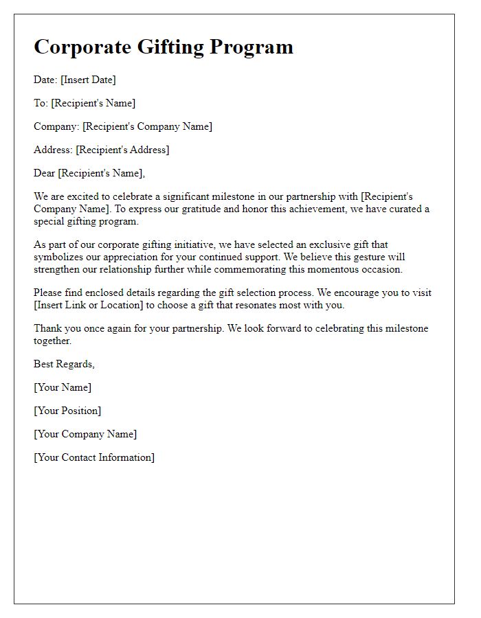 Letter template of corporate gifting program for milestone celebrations.