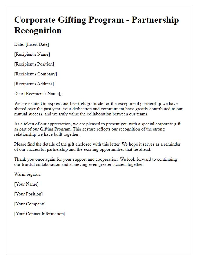 Letter template of corporate gifting program for partnership recognition.