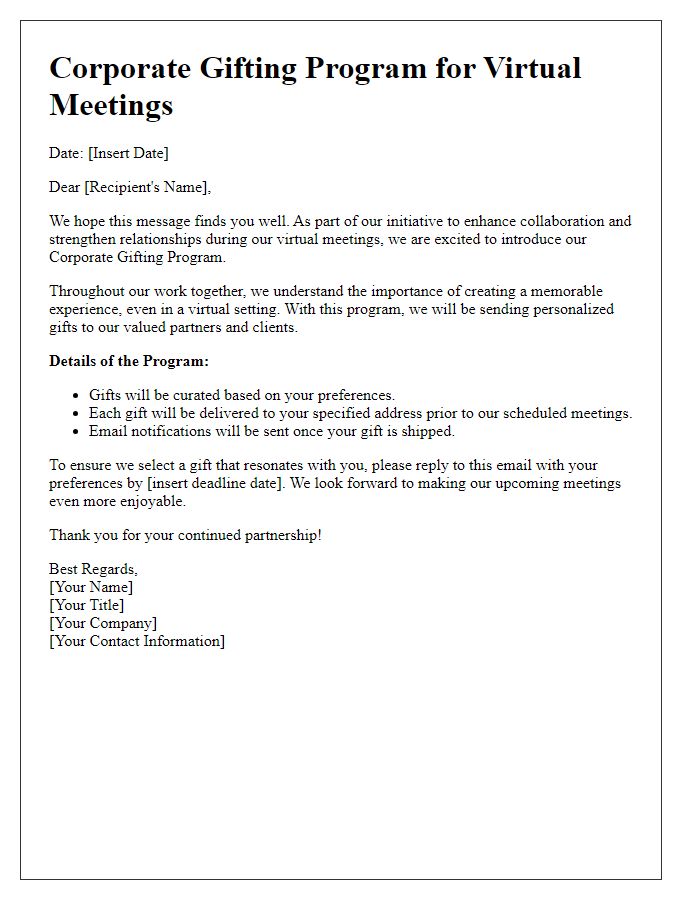 Letter template of corporate gifting program for virtual meetings.