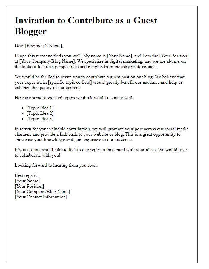 Letter template of guest blogging invitation for digital marketing professionals