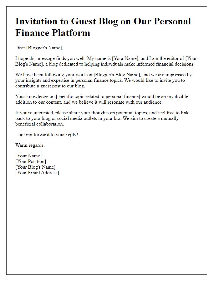 Letter template of guest blogging invitation for personal finance blogs