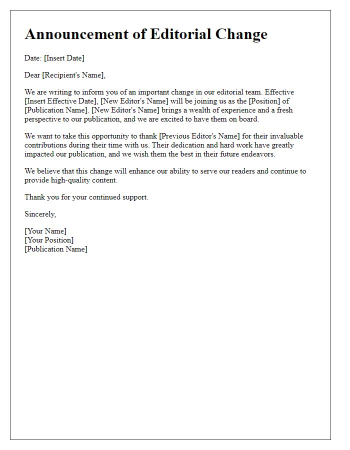 Letter template of announcement for editorial change