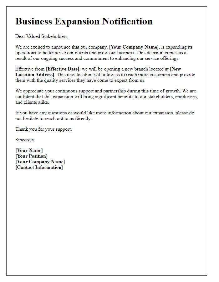 Letter template of business expansion notification to stakeholders