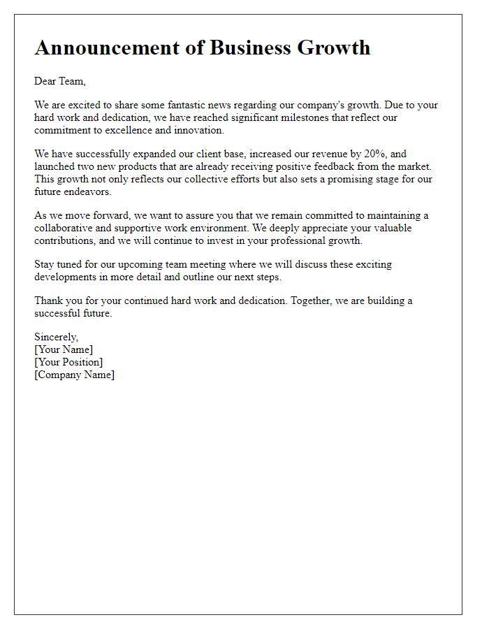 Letter template of business growth announcement to employees