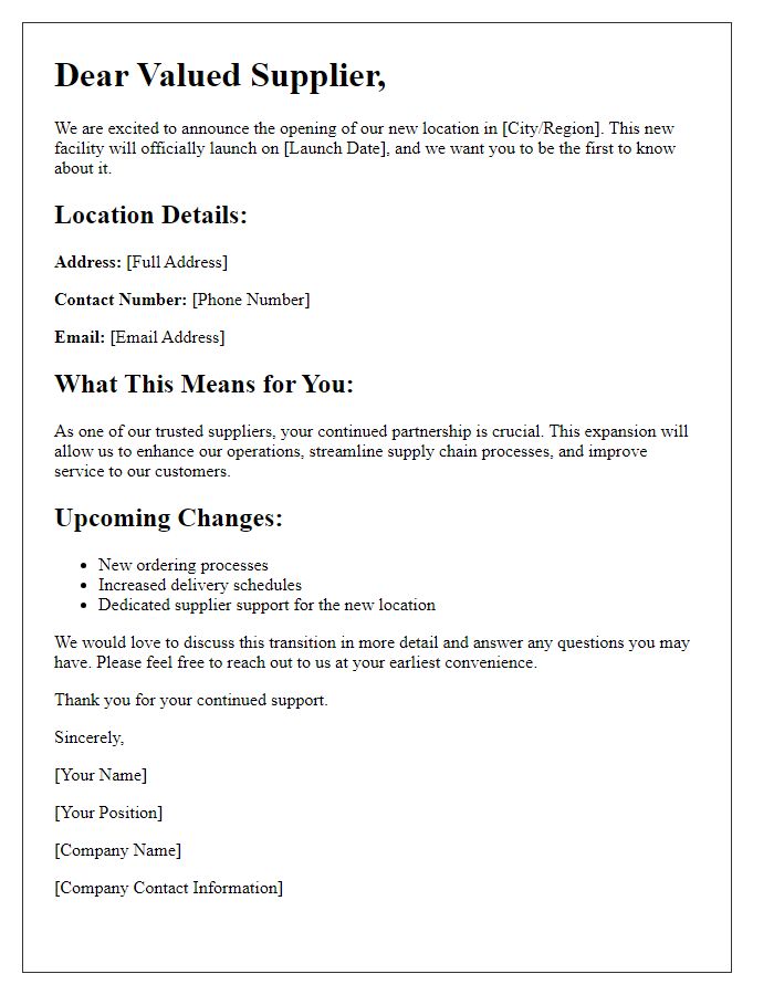 Letter template of new location launch details for suppliers