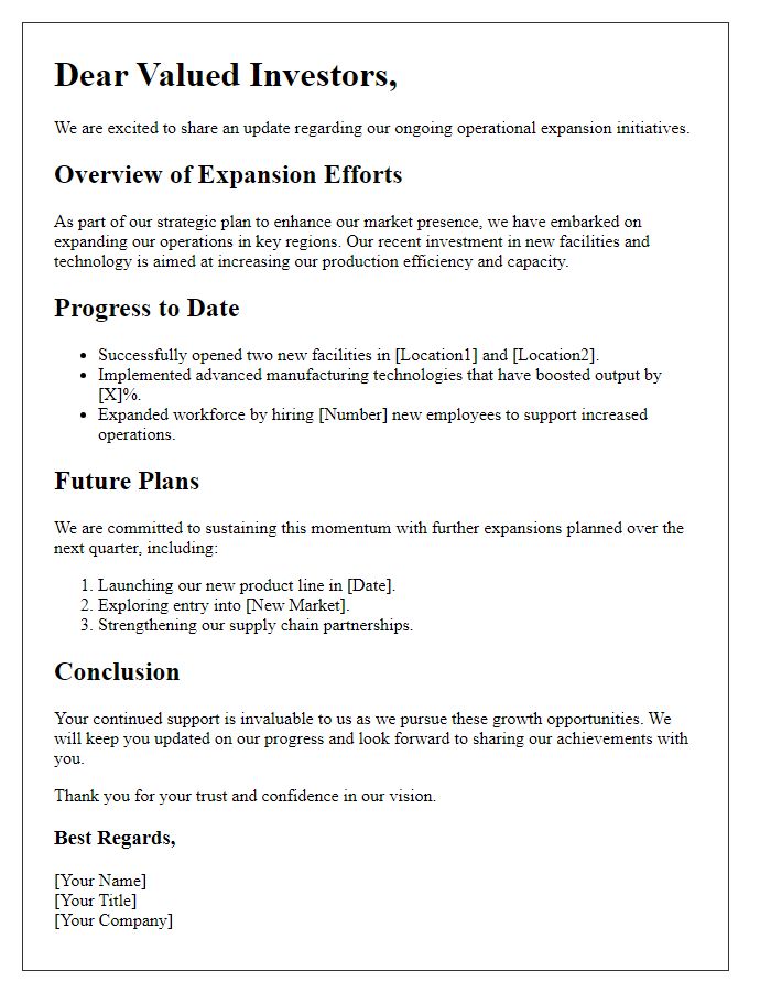 Letter template of operational expansion update for investors