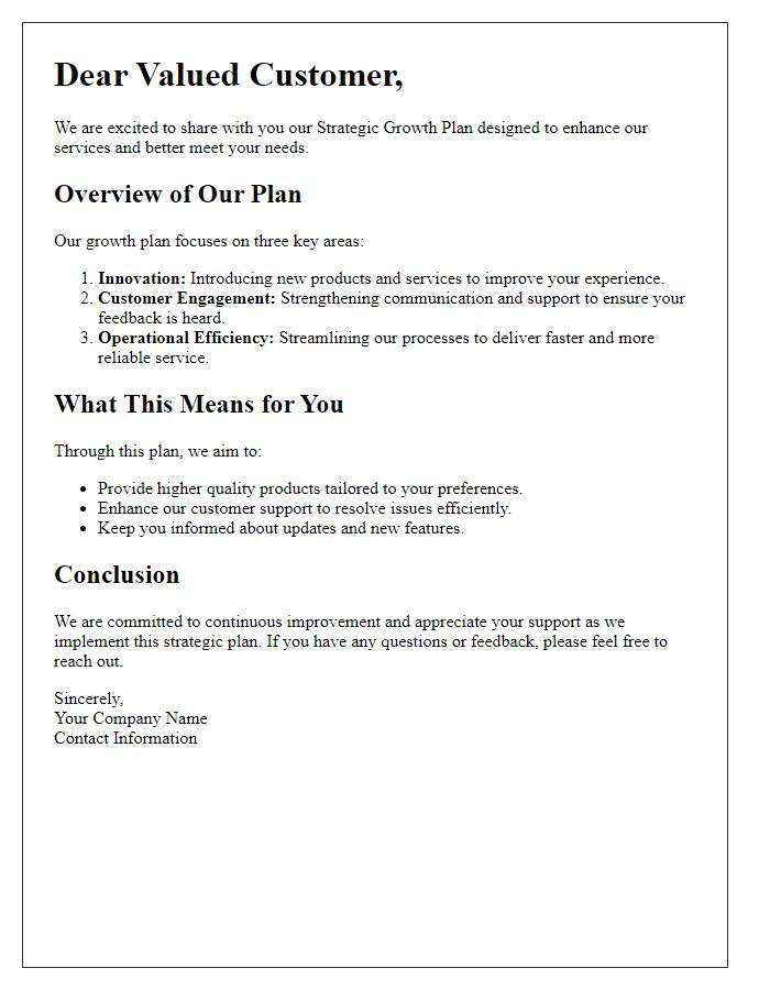 Letter template of strategic growth plan explanation for customers