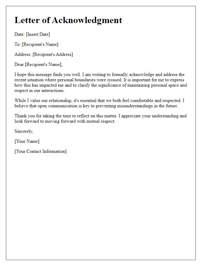 Letter template of acknowledgment for crossing personal lines