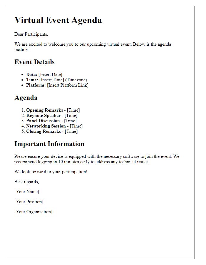 Letter template of agenda outline for virtual event participants