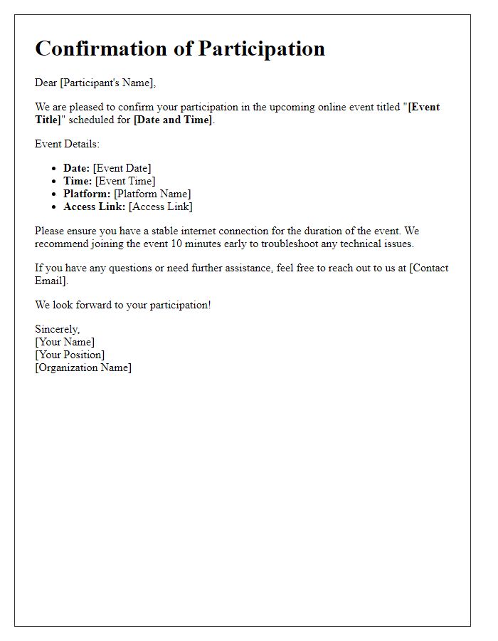 Letter template of confirmation for online event participation