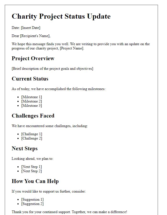 Letter template of charity project status update