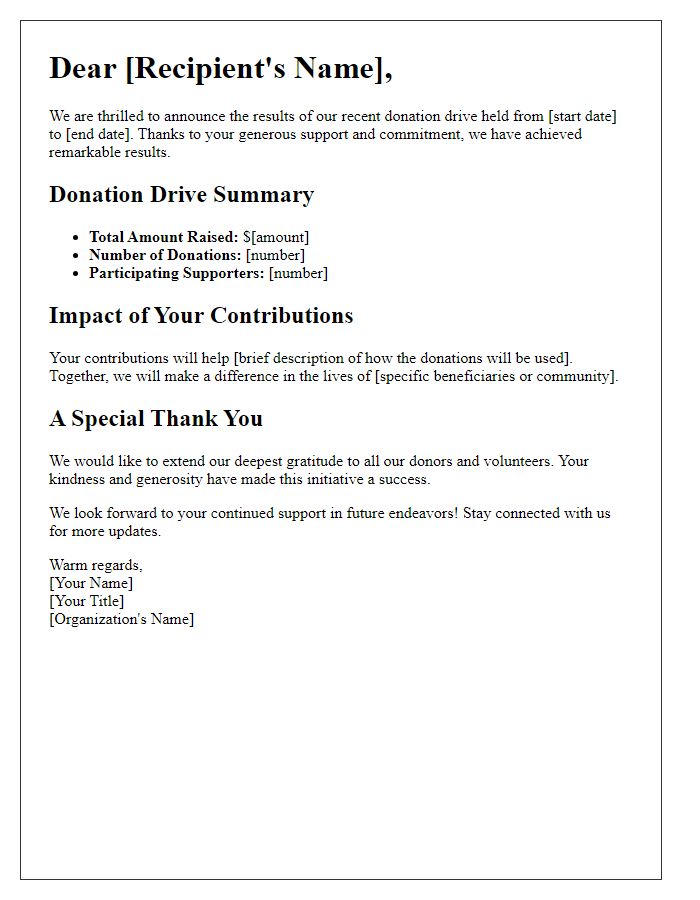 Letter template of donation drive results announcement