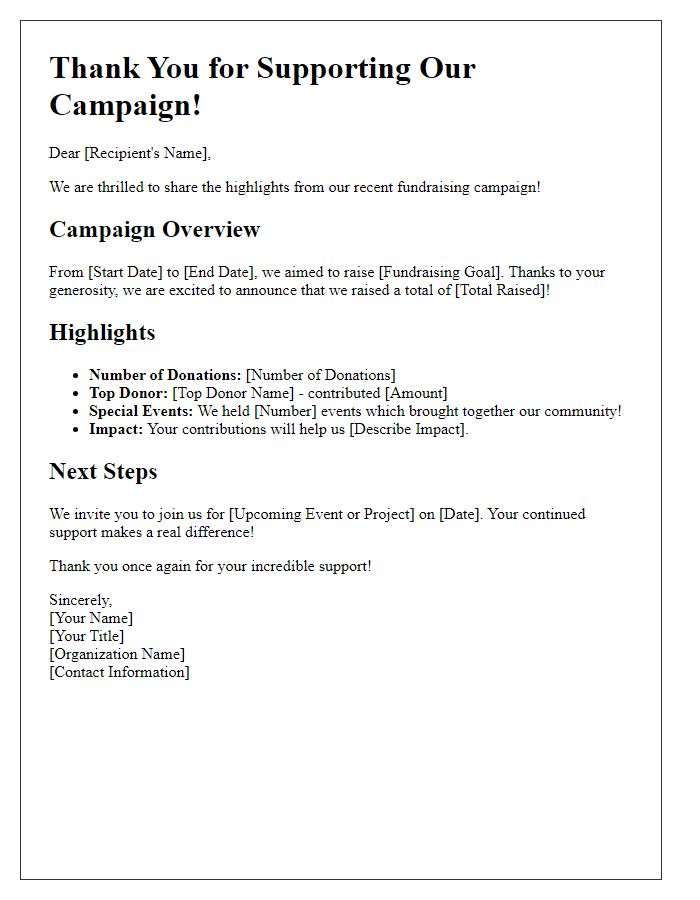 Letter template of fundraising campaign highlights