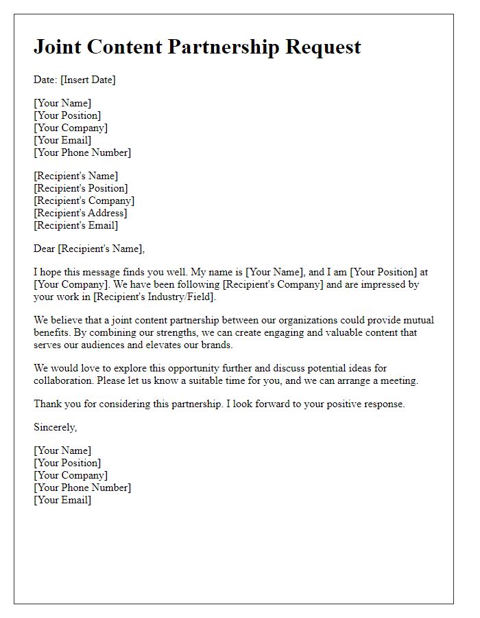 Letter template of joint content partnership request