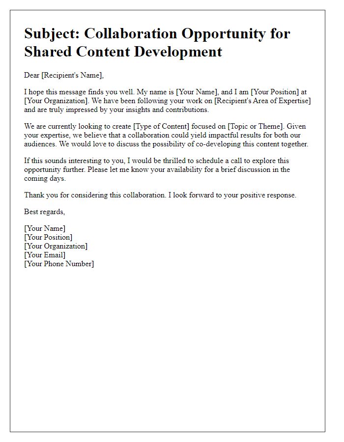 Letter template of outreach for shared content development