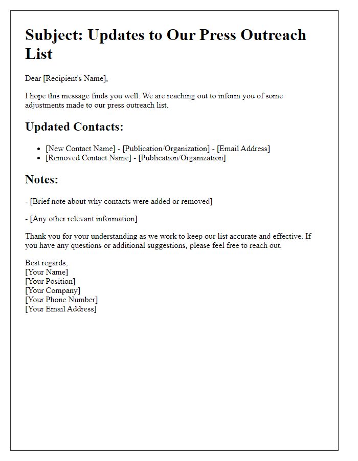 Letter template of press outreach list adjustments