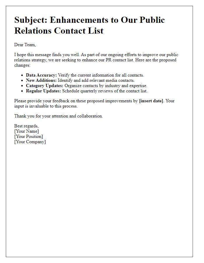 Letter template of public relations contact list improvements