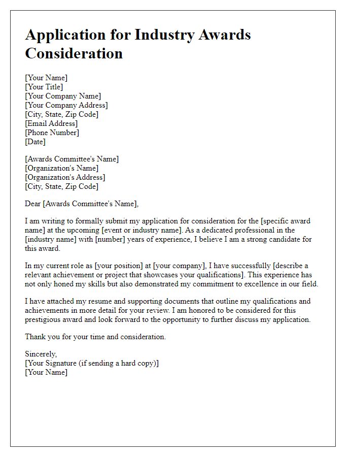 Letter template of application for industry awards consideration