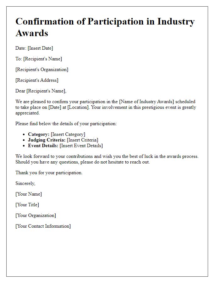 Letter template of confirmation for industry awards participation