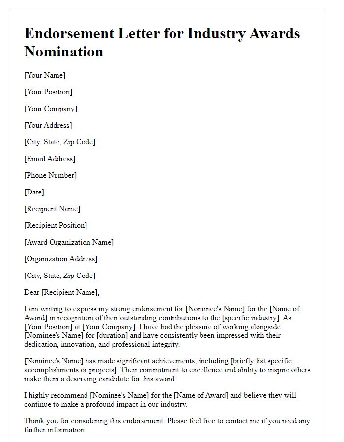 Letter template of endorsement for industry awards nomination