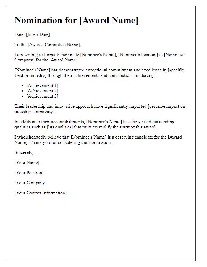 Letter template of nomination for industry awards submission