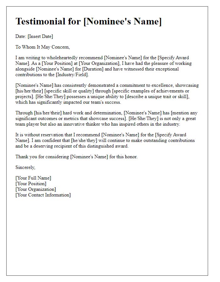 Letter template of testimonial for industry awards submission