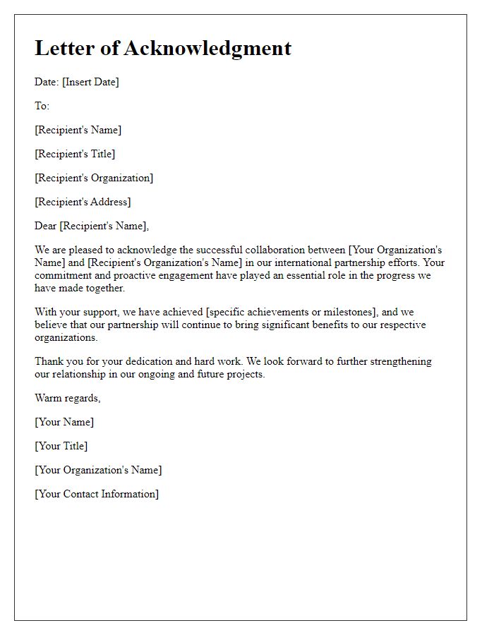 Letter template of acknowledgment for international partnership efforts