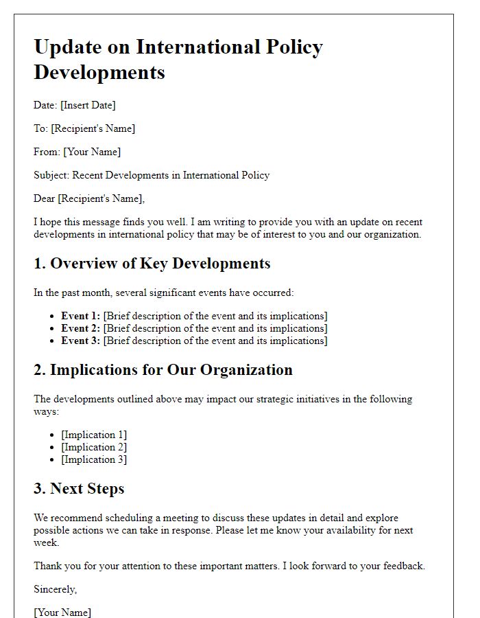 Letter template of update on international policy developments