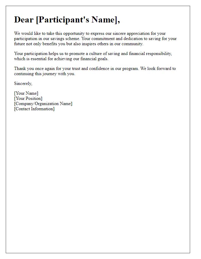 Letter template of appreciation for participating in the savings scheme