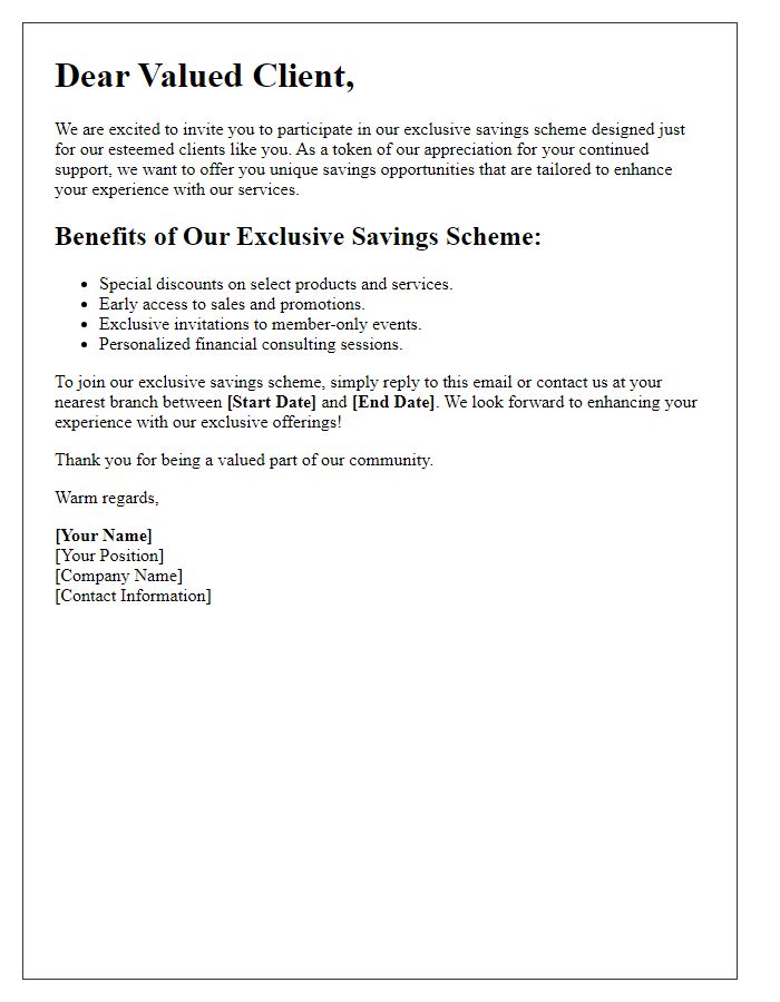 Letter template of exclusive savings scheme invitation for existing clients