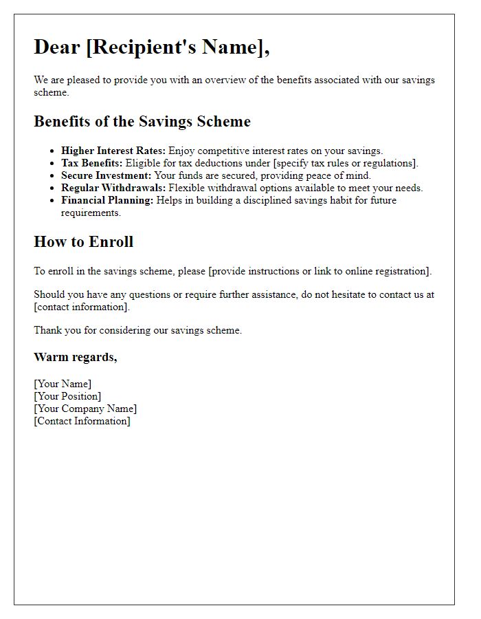 Letter template of savings scheme benefits overview