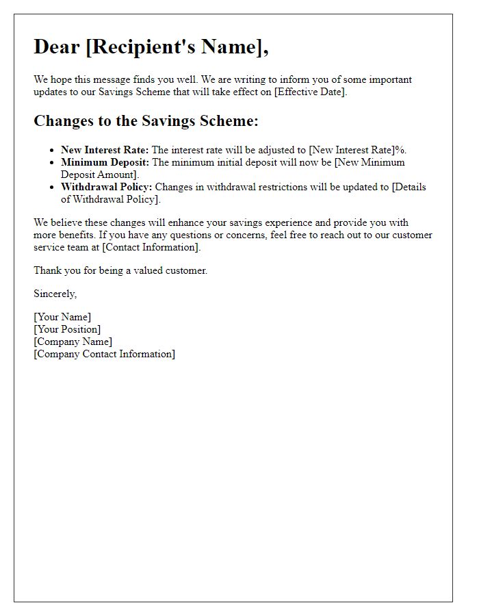 Letter template of savings scheme changes and updates