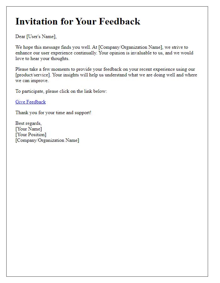 Letter template of Feedback Invitation for User Experience