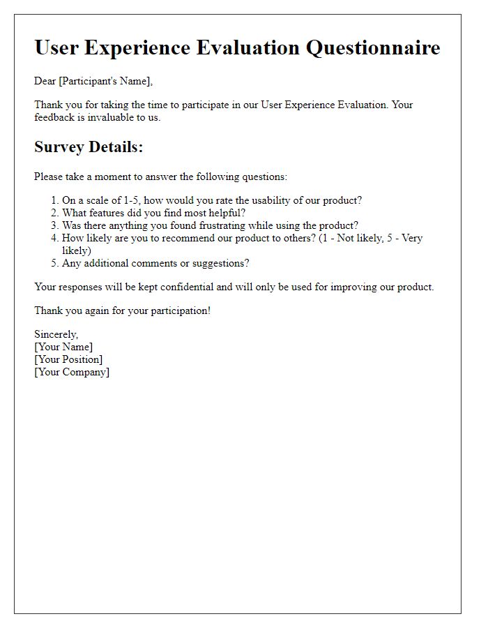 Letter template of User Experience Evaluation Questionnaire