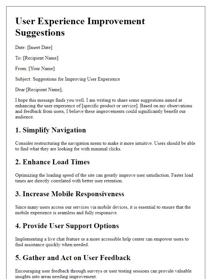 Letter template of User Experience Improvement Suggestions