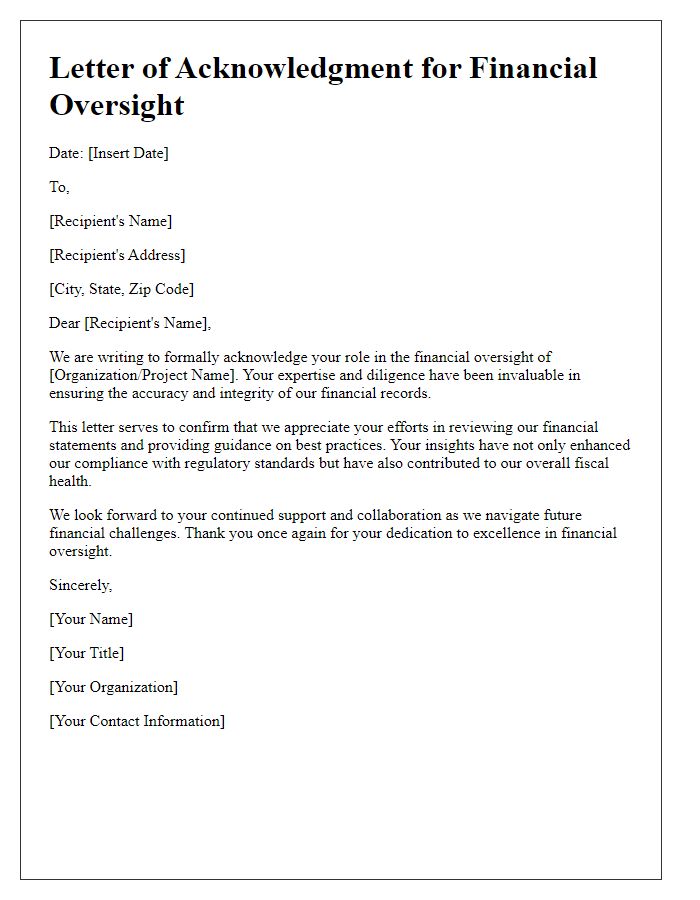 Letter template of acknowledgment for financial oversight.