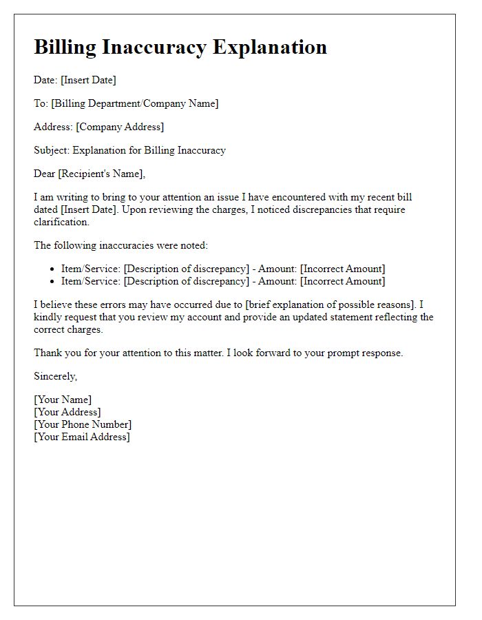 Letter template of explanation for billing inaccuracies.