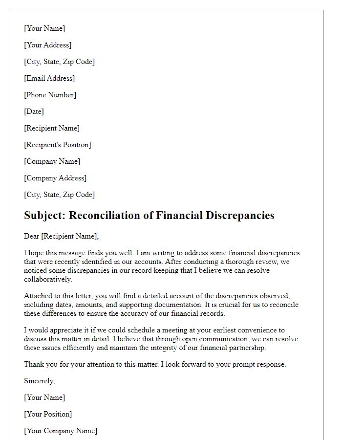 Letter template of reconciliation after financial discrepancies.