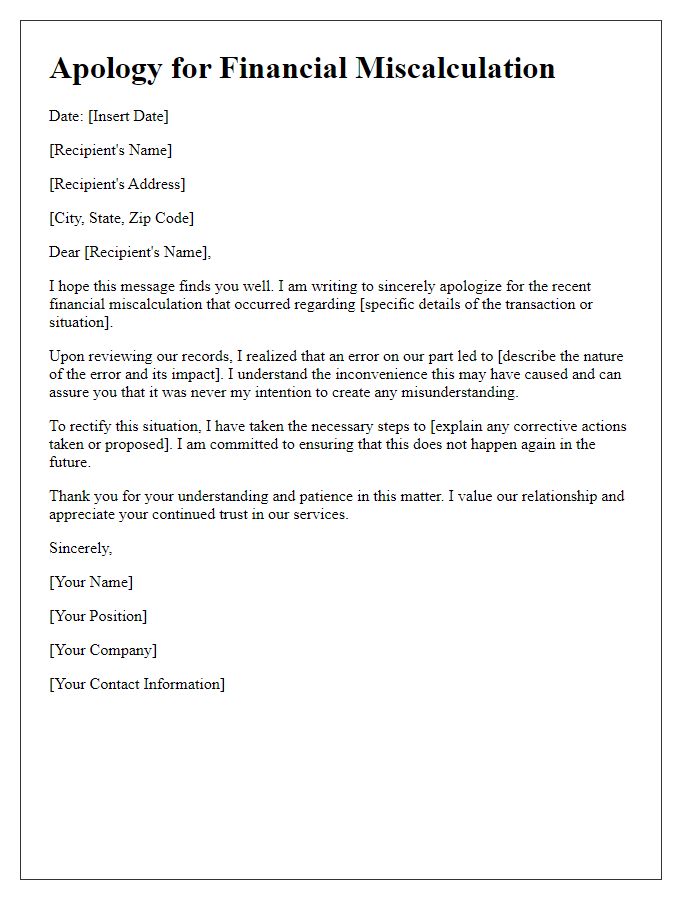 Letter template of sincere apology for financial miscalculation.