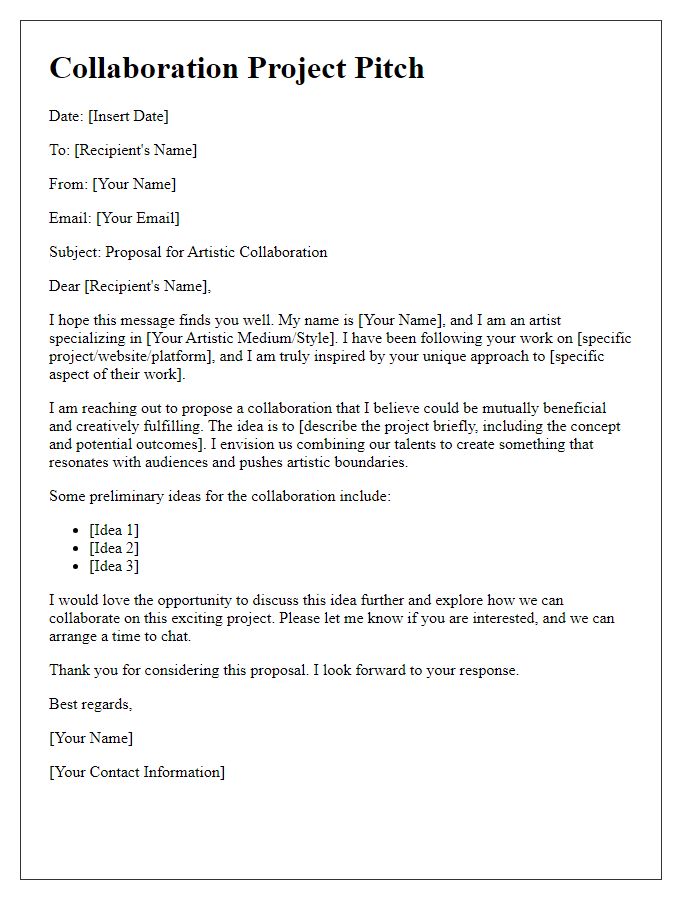 Letter template of artist collaboration project pitch