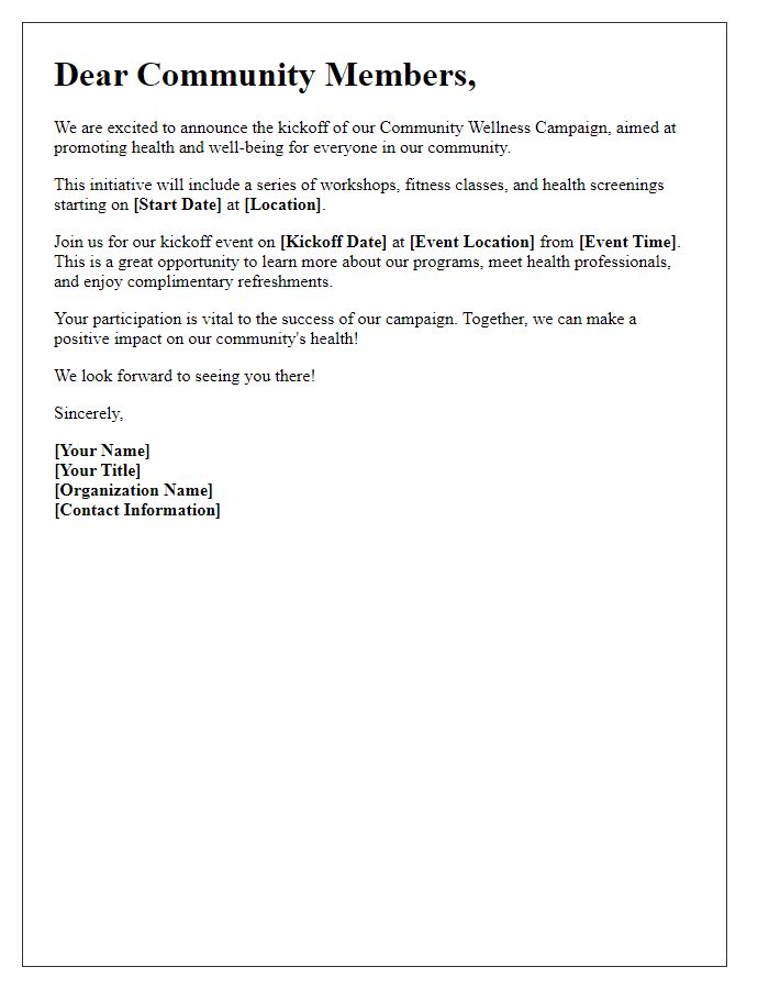 Letter template of community wellness campaign kickoff