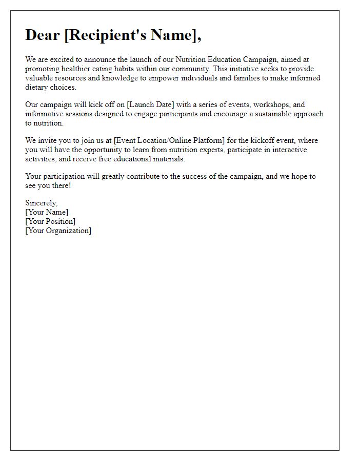 Letter template of nutrition education campaign launch