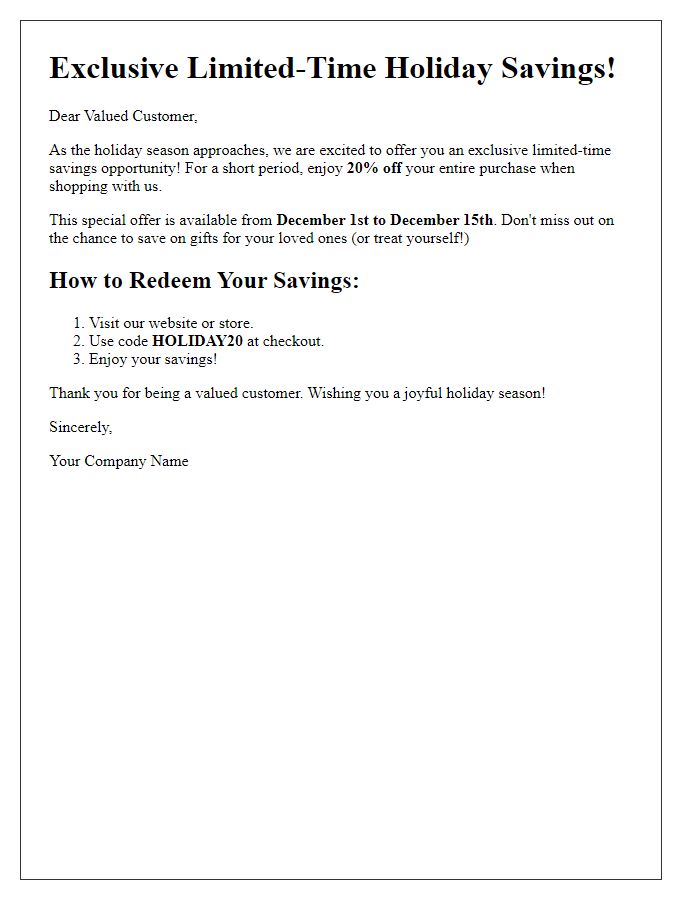 Letter template of limited-time holiday savings