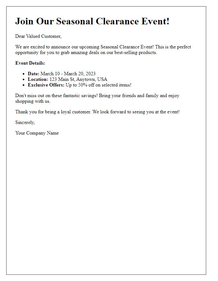 Letter template of seasonal clearance event