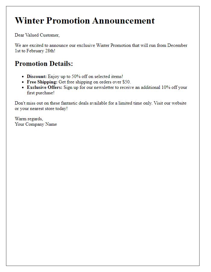 Letter template of winter promotion details